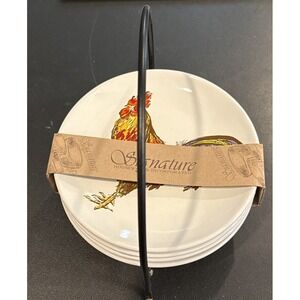 Signature Housewares Farmers Market Rooster Appetizer Plates Set Of 4 Rack NEW